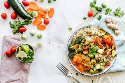 Plates of colourful, healthy foods